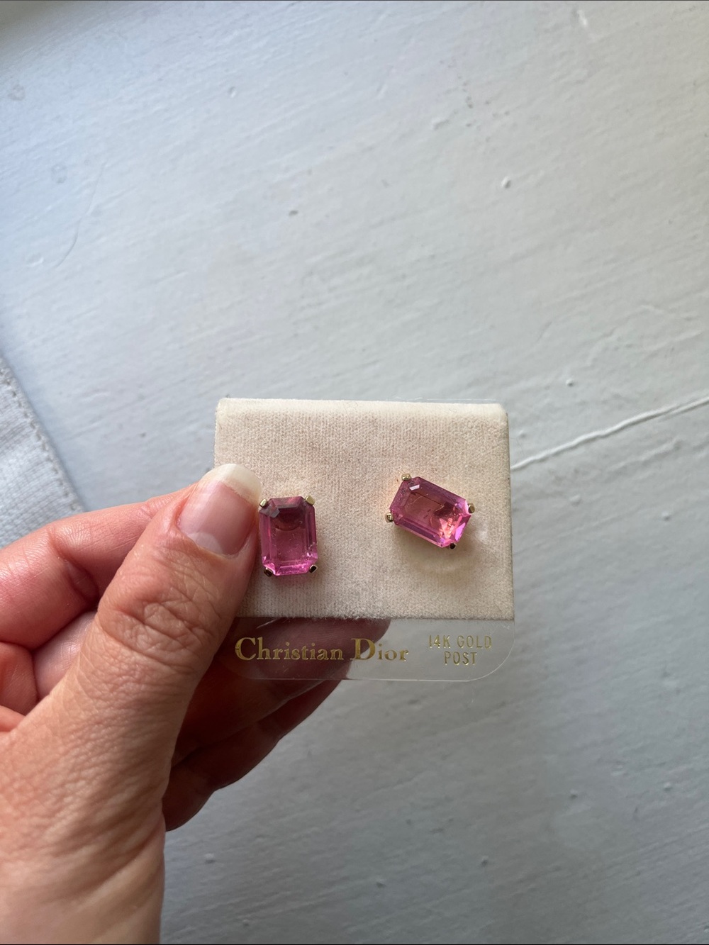 Christian Dior 14K Gold-Prong Hot Pink Emerald-Cut Stud Earrings Vintage - Picture 3 of 4